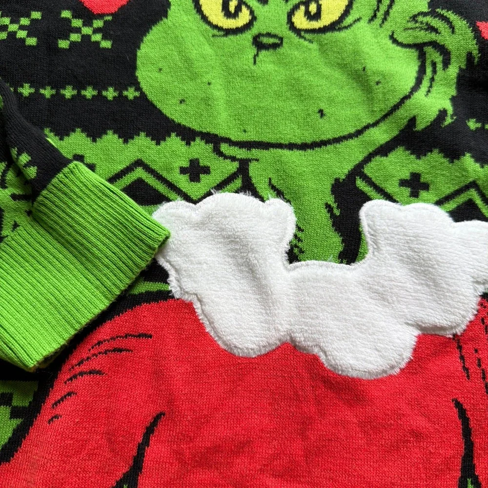 Dr. Seuss The Grinch Christmas Sweater Mens XXL Black Green Holiday Crew Neck